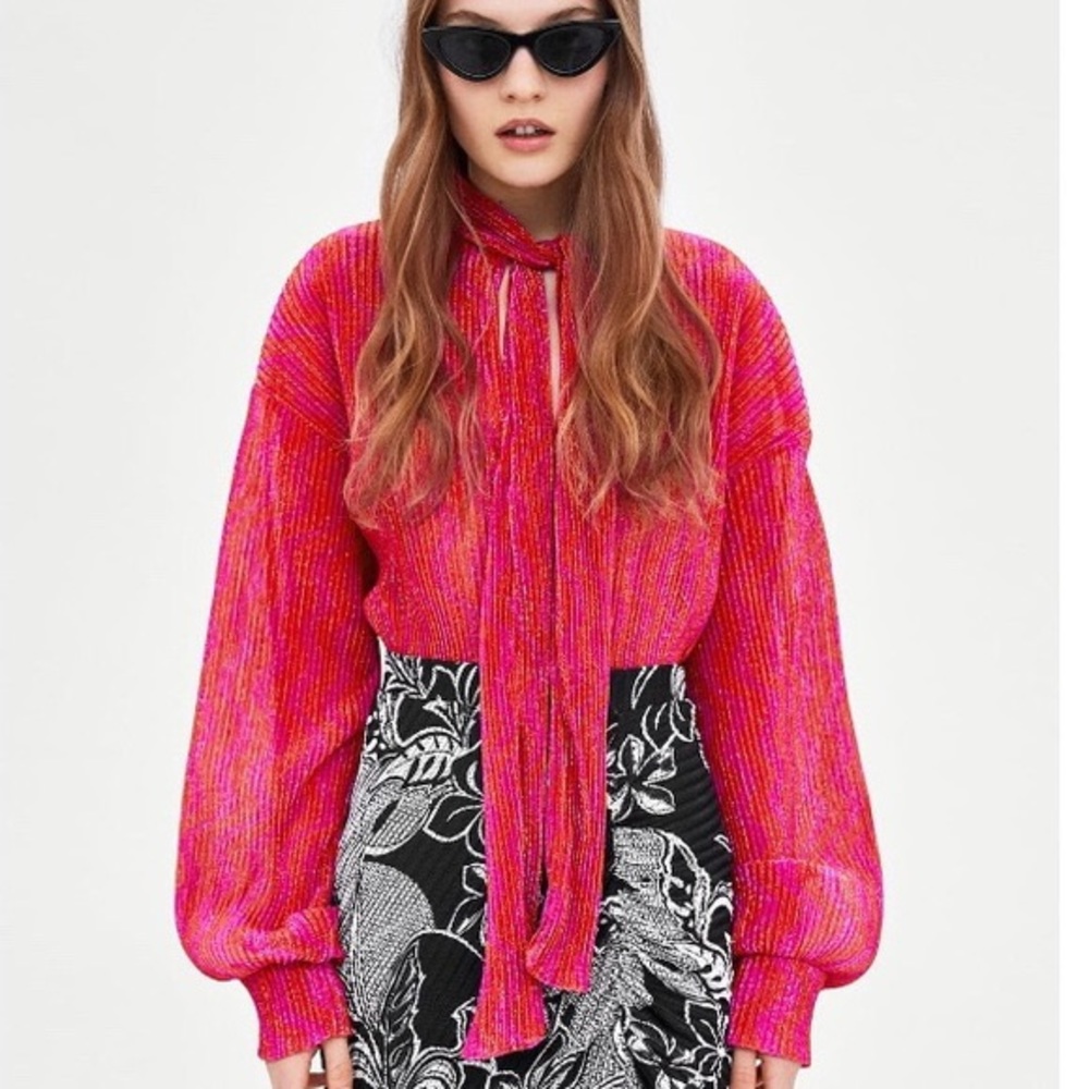 Zara Pink metallic bow tie blouse